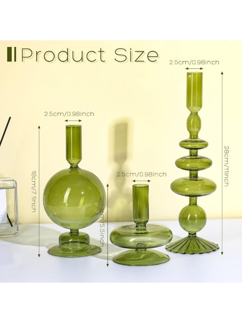 Set of 3 Elegant Green Glass Candle Holders - Stylish Home Decor Accent - Picture 3 of 7